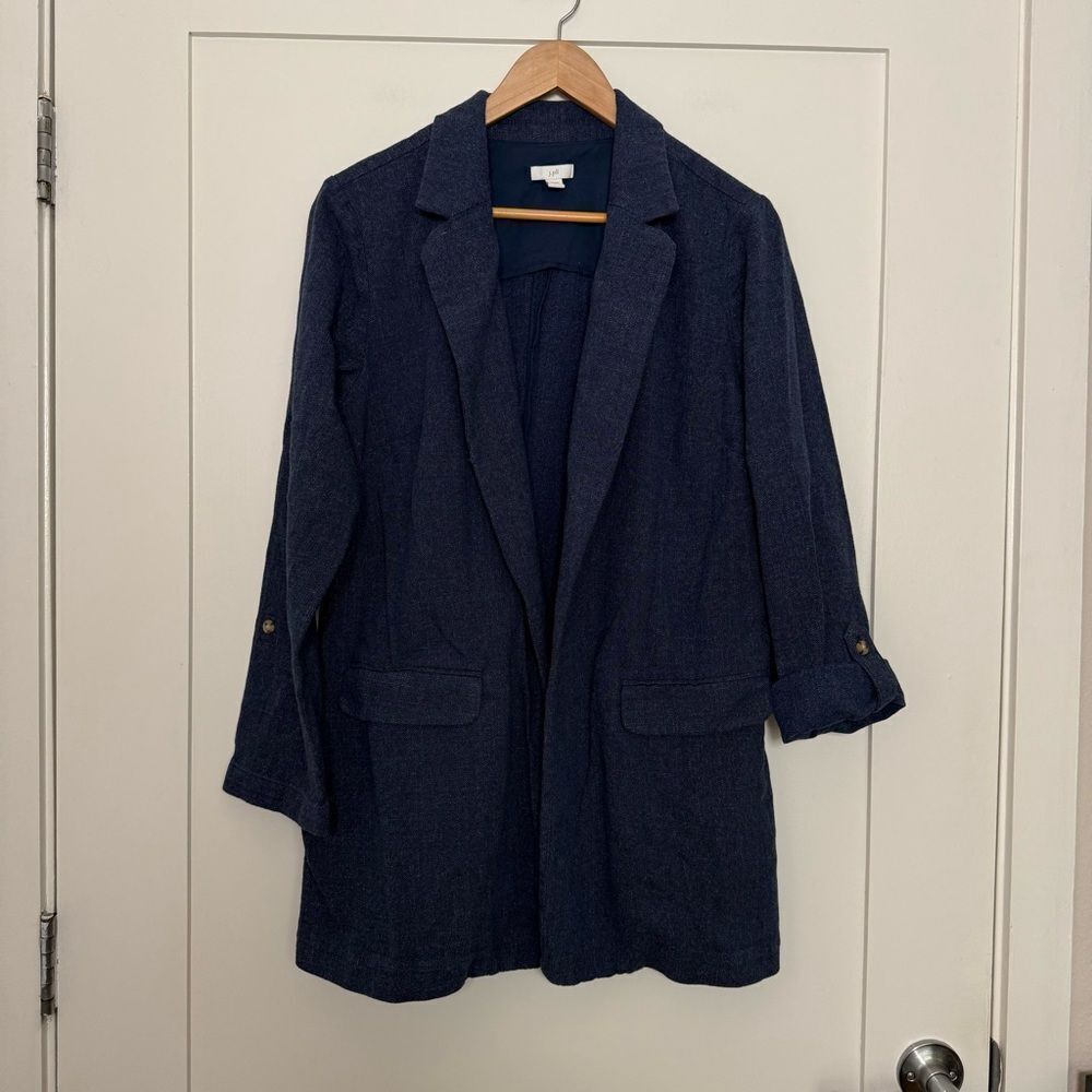 J Jill Blazer Womens Sz M Blue Knit Open Front Roll Tab Sleeves Cotton Blend